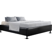 King Size Bed Base Frame Mattress Platform Leather Wooden Black TOMI