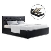 Double Full Size Gas Lift Bed Frame Base Mattress Platform Leather Wooden Black WARE