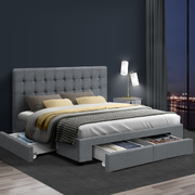 QUEEN Bed Frame with 4 Storage Drawers AVIO Fabric Headboard Wooden