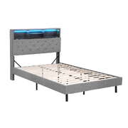 King Single Bed Frame With LED Mattress Base Platform And Hidden Storage Shelf Grey