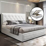 TIYO Queen Size Gas Lift Bed Frame Base With Storage Mattress White Leather