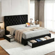 Queen Bed Frame with Storage Drawers and USB Charging Station Upholstered