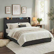 King Bed Frame Gas Lift Storage Bed with Charging Ports Upholstered Geometric Headboard Charcoal Grey