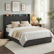Queen Gas Lift Storage Bed Frame With Upholstered Geometric Headboard And Charging Ports Charcoal Grey