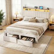 Queen Upholstered Bed Frame with Shelf Storage Drawers Charging Station Mood Lighting Linen
