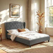 Double Bed Frame Wingback Grey Linen Upholstered Platform Bed Base