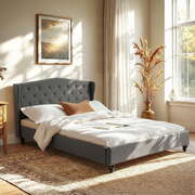 Queen Bed Frame With Wingback Headboard Grey Linen Upholstered Platform Base