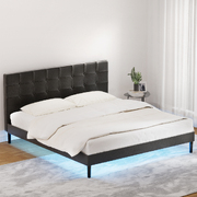Illuminate Your Sleep Haven: RAVI King Bed Base with LED Lights and Charging Ports in Sleek Black Leather