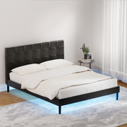 Illuminate Your Sleep Haven: RAVI Queen Bed Base with LED Lights and Charging Ports in Sleek Black Leather