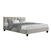 Bed Frame Queen Size Mattress Base Platform Fabric Wooden Beige