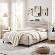 Queen Bed Frame with Storage Adjustable Headboard Platform Base Linen Fabric Charging Ports