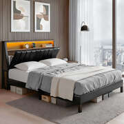Queen Bed Frame Led Storage Headboard With Charging Station Black
