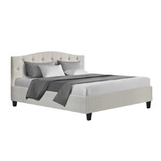 Bed Frame Queen Size Base Mattress Platform Fabric Wooden Beige LARS