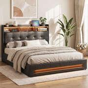 Double Bed Frame with Gas Lift Storage LED Lights Charging Station Headboard with Open Shelf