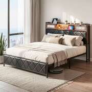 King Bed Frame LED Lights Storage Headboard | EXTG