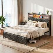 Queen Bed Frame LED Lights Storage Headboard | EXTG
