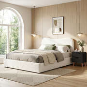 Double Bed Frame and Bedside Table Set Boucle Beige with Headboard Black Nightstand