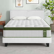 Queen Bed Frame Set with Hybrid Mattress Medium Firm Leather White