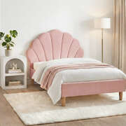King Single Bed Frame With Scallop Headboard Pink Velvet Fabric And Bedside Table Set