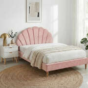 Double Bed Frame with Scallop Pink Velvet Headboard 2 Drawer Bedside Table
