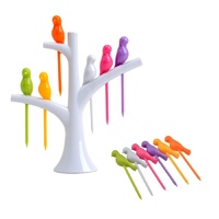 Novelty Fruit Platter Server Bird Tree Top Stand & Fork Toothpick Set Mix Colour 