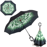 Double Layer Windproof UV Protection Reverse folding Umbrellas Firework Green 