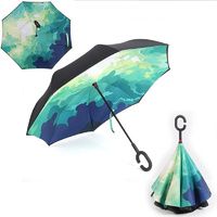 Double Layer Windproof UV Protection Reverse folding Umbrellas Green