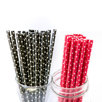 50 x Paper Straws - Black Red & White Polka Dot Set