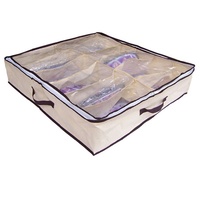 12 Grid Folding Collapsible Storage Shoe Organizer Foldable Fabric Beige 
