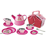 Rose Tin Tea Set In Picnic Basket 18Pcs