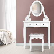  Dressing Table Stool Set Mirror Drawers Makeup Cabinet Storage Desk White
