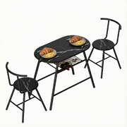 3-Piece Dining Table Set Bistro Kitchen with Storage Wine Rack Black Marble