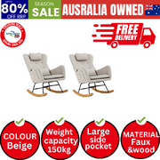 2x Rocking Chair Nursing Armchair Linen Chairs With 2 Pillow Beige