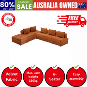 6 Seater Velvet Modular Sofa & Ottoman Set with Backrest Brown