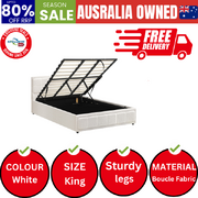  King Bed Frame Gas Lift Storage Base Boucle White