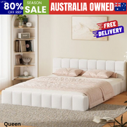 Bed Frame Queen Size Tufted Headboard White Boucle