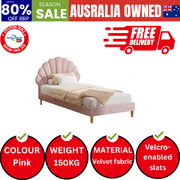 Single Bed Frame Scallop-Shape Bedhead Pink Velvet