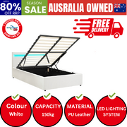 Bed Frame RGB LED King Single Gas Lift Storage Base White