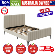 Double Size Bed Frame Velvet Fabric Beige