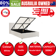 Double Bed Frame Gas Lift Storage Base White Boucle