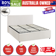 King Bed Frame Gas Lift Storage Base White Boucle