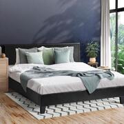 Bed Frame Double Size Base Mattress Platform Leather Wooden Slats Black