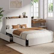 Double Bed Frame Drawers Charging Station Beige | EXTG