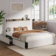 Queen Bed Frame 4 Drawers Charging Station Beige | EXTG
