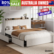 Queen Bed Frame 4 Drawers Charging Station Beige | EXTG