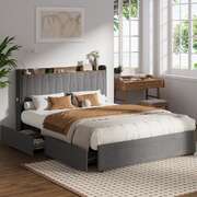 Queen Bed Frame 4 Drawers Charging Port Grey | EXTG