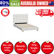 Bed Frame King Single Tufted Bedhead Boucle Fabric White