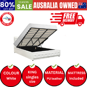 Bed Frame King Size Gas Lift Storage Mattress Base White Leather