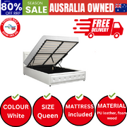 Bed Frame Queen Size Gas Lift Storage Mattress Base White Leather