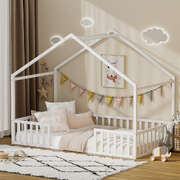 Double Kids Wooden Bed Frame House Style Timber Base White Finish